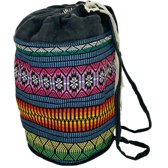 Large Embroidered Striped Pattern Drawstring Boho Bucket Weekender Travel Bag - Picture 1 of 8